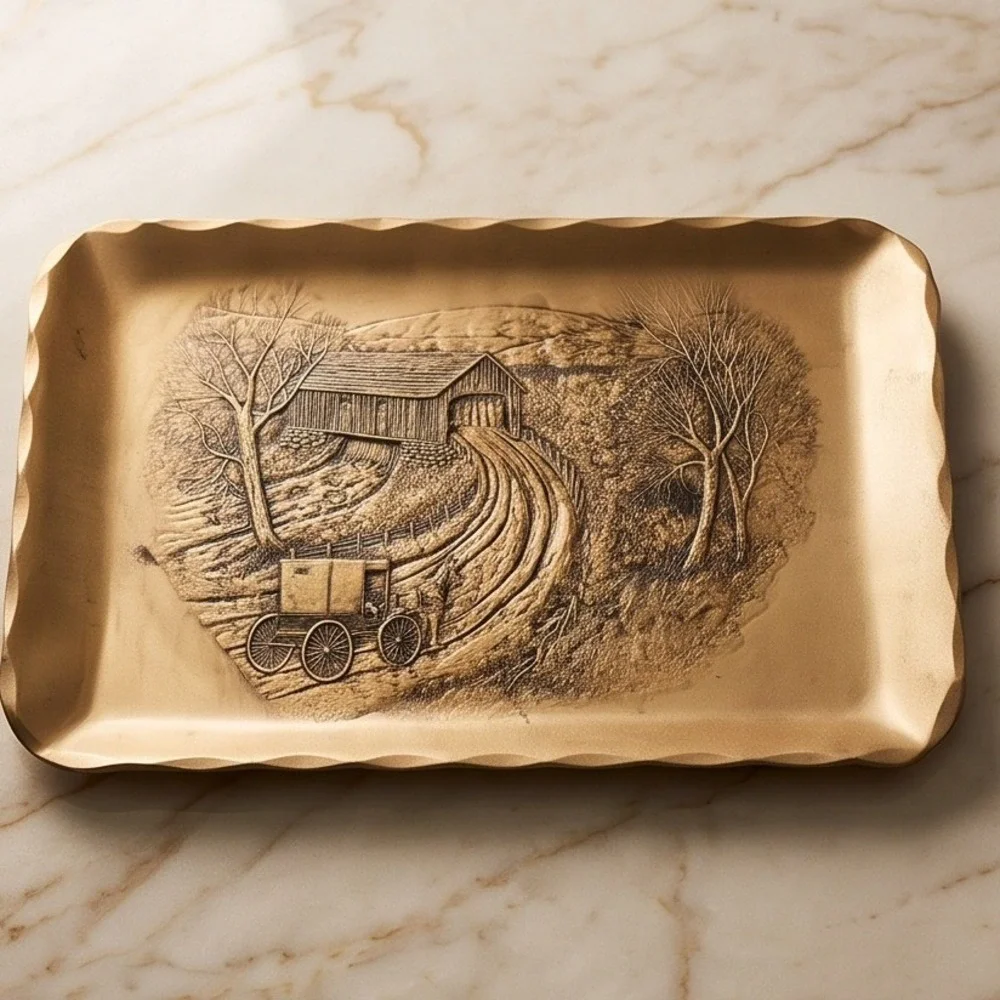 Handmade Natale Bronzi Pennsylvania Covered Bridge‎ Horse Carriage Metal Tray